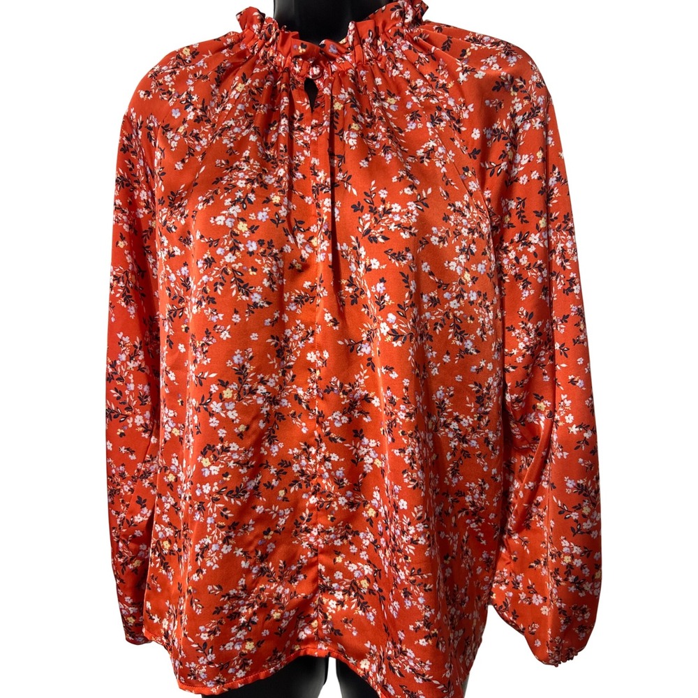 Ann Taylor Orange Floral Ruffle Neck Keyhole Long Sleeve Blouse Women's Size M